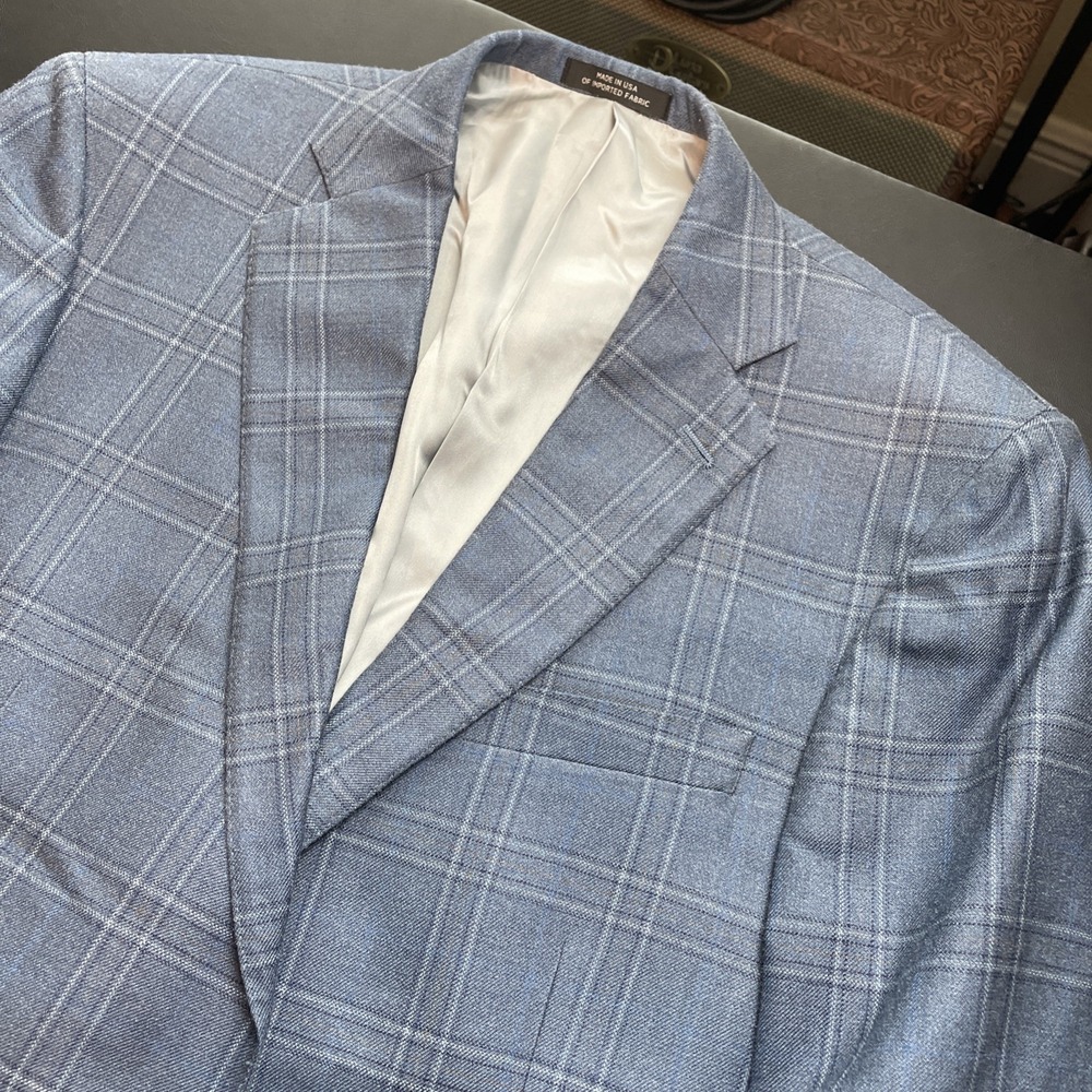 HART SCHAFFNER MARX 42R Wool Blue Gold Windowpane Blazer, Pocket sown shut